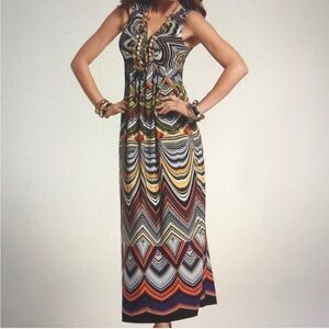 Chico’s Tribal Sunny Maxi Dress Size XL Geometric Empire Waist Travel Slinky